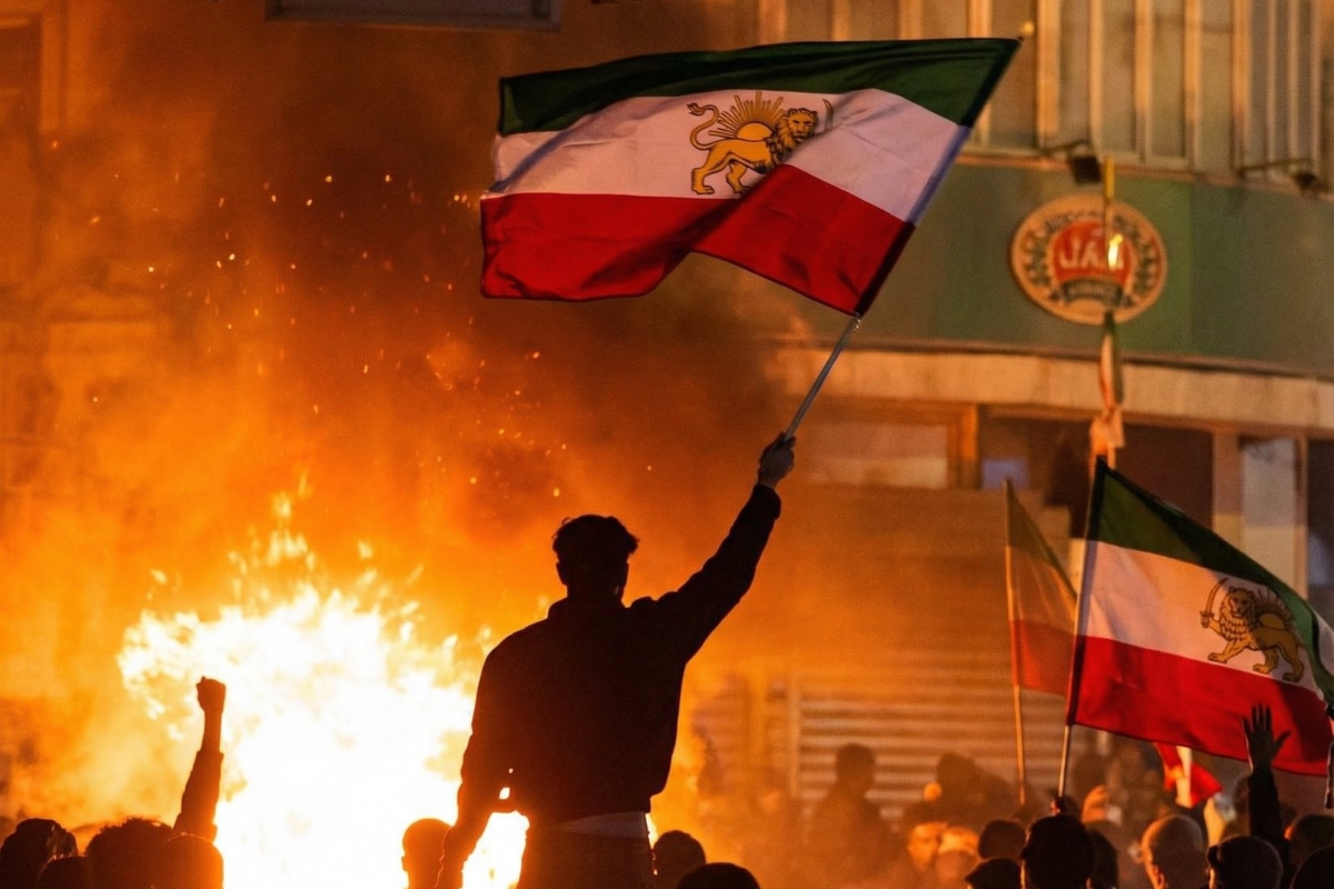 Manifestante con la bandera del león y el sol. Fuente: X @gghamari