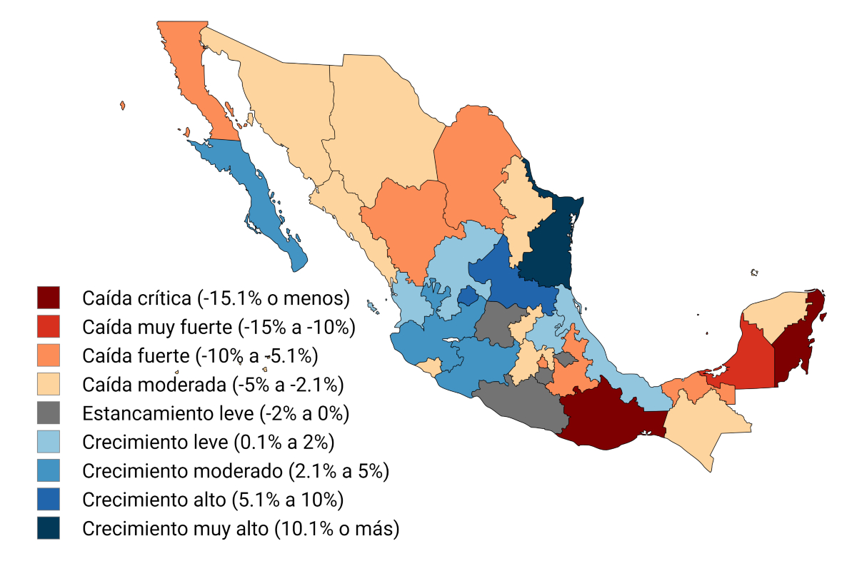 Clasificación nacional por rangos de crecimiento industrial anual (septiembre 2025). Fuente: INEGI. Diseño: NotiPress con MapChart App