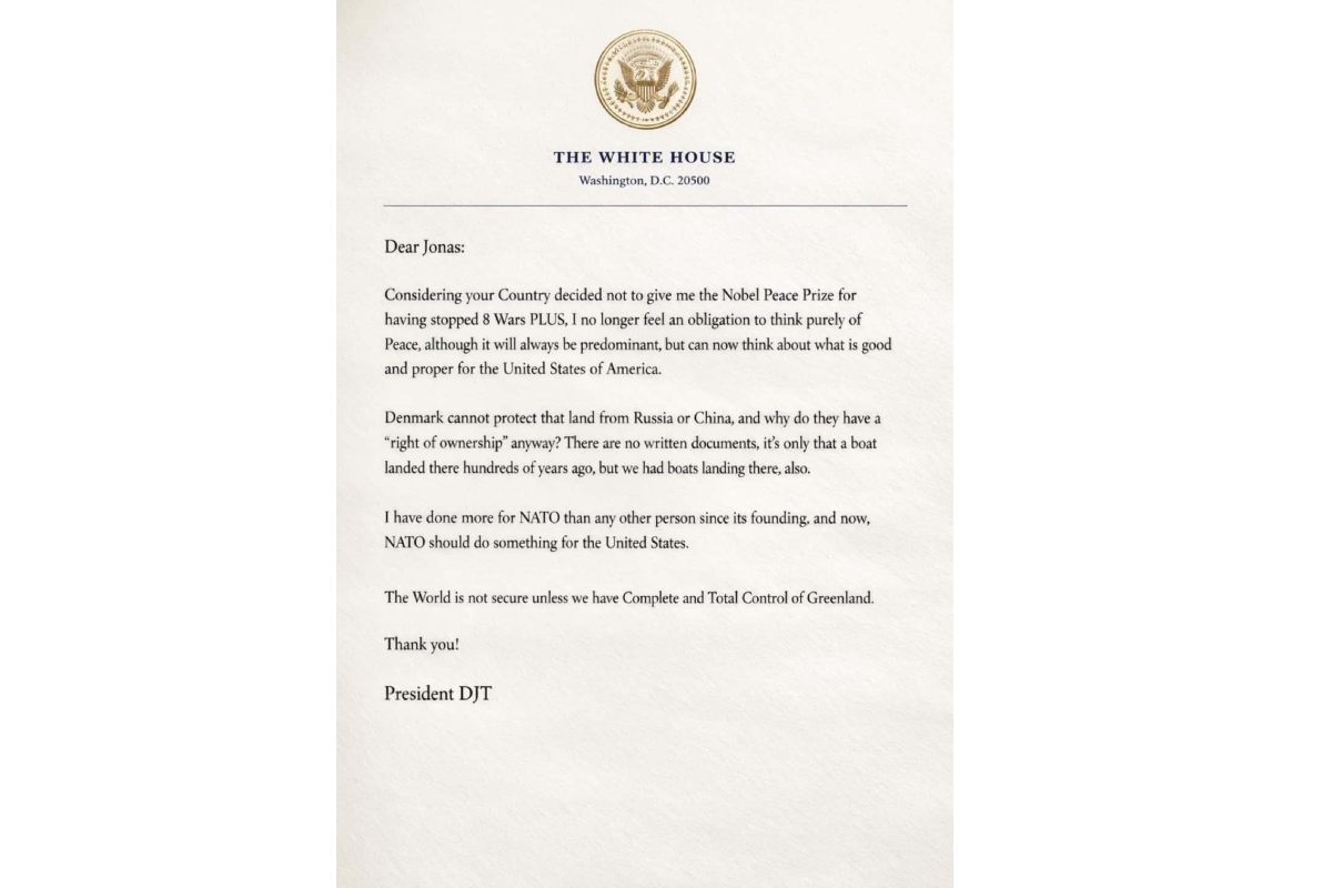 Carta enviada al primer ministro de Noruega. Fuente: White House
