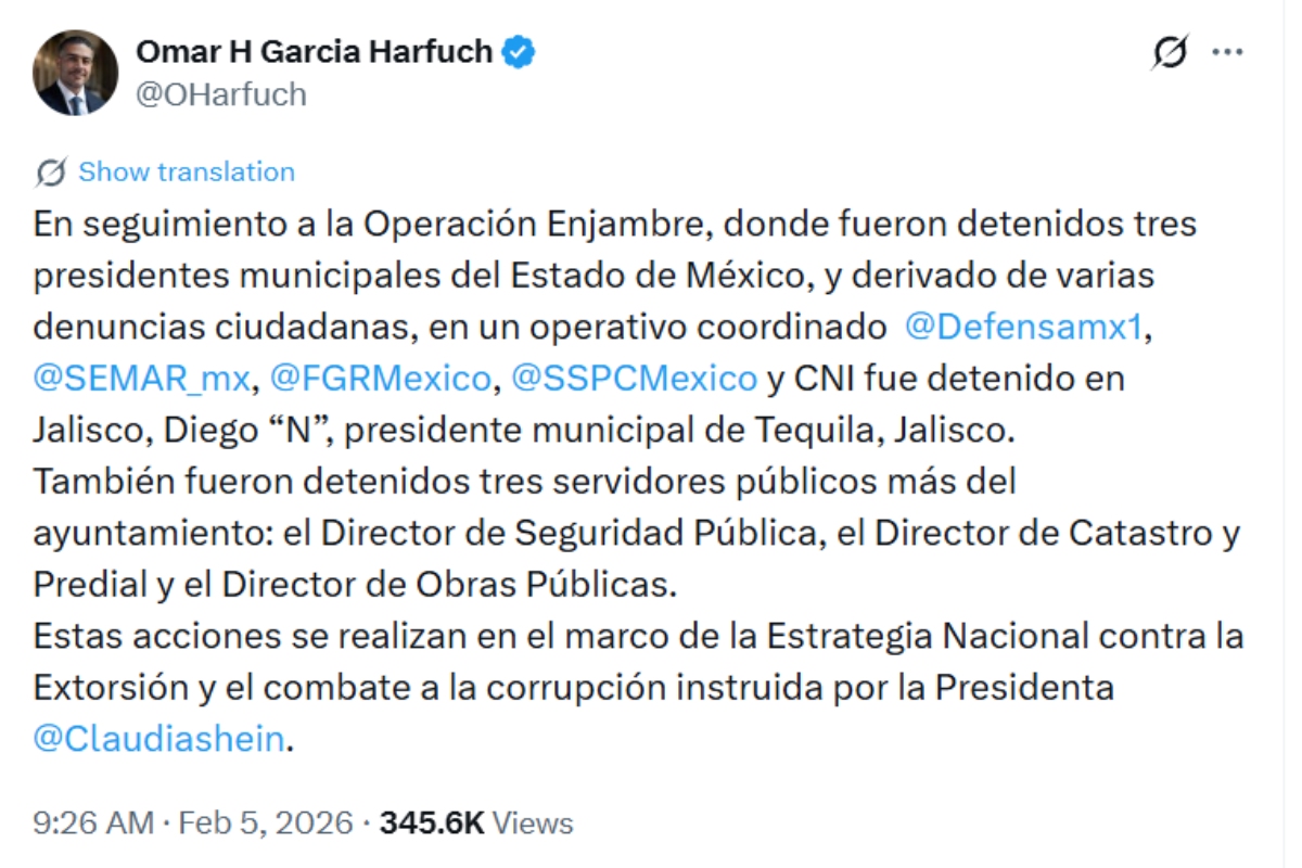 Mensaje compartido por el secretario de Seguridad, Omar García Harfuch en X.