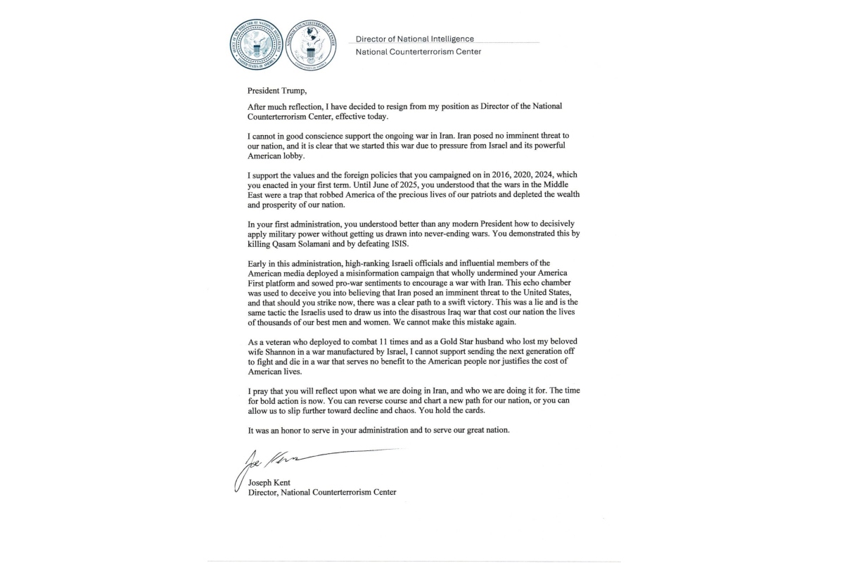 Carta de renuncia compartida por Joe Kent en X.