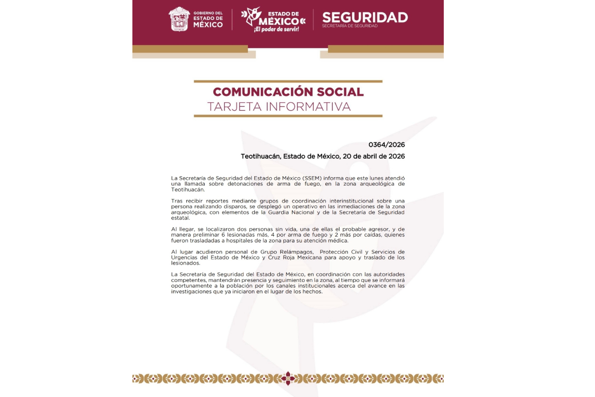 Comunicado compartido por la Secretaría de Seguridad del Estado de México.