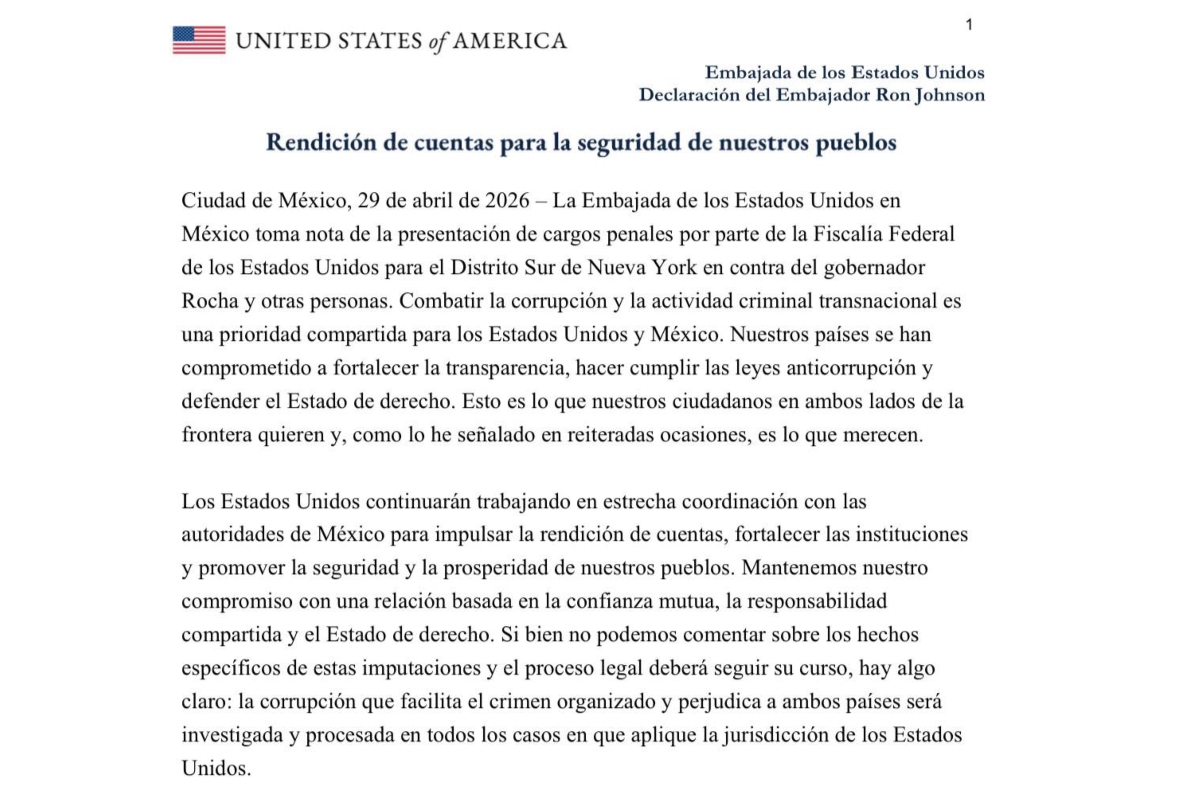 Comunicado compartido por la Embajada de Estados Unidos en México.