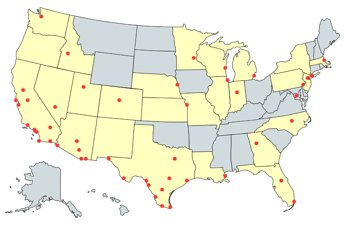 Estados Unidos cuenta con 53 consulados en 26 estados más el servicio consular en la embajada de México en Washington DC. Diseño: NotiPress con MapChart
