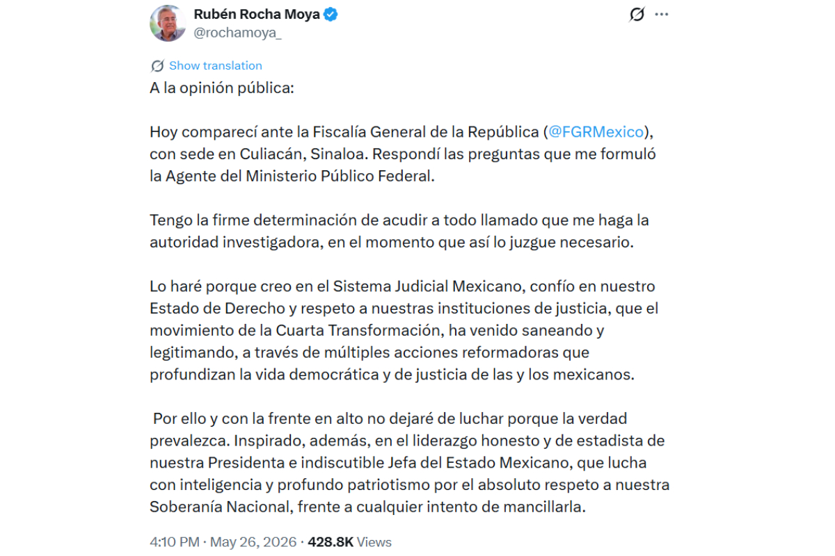 Fuente: X/Rocha Moya
