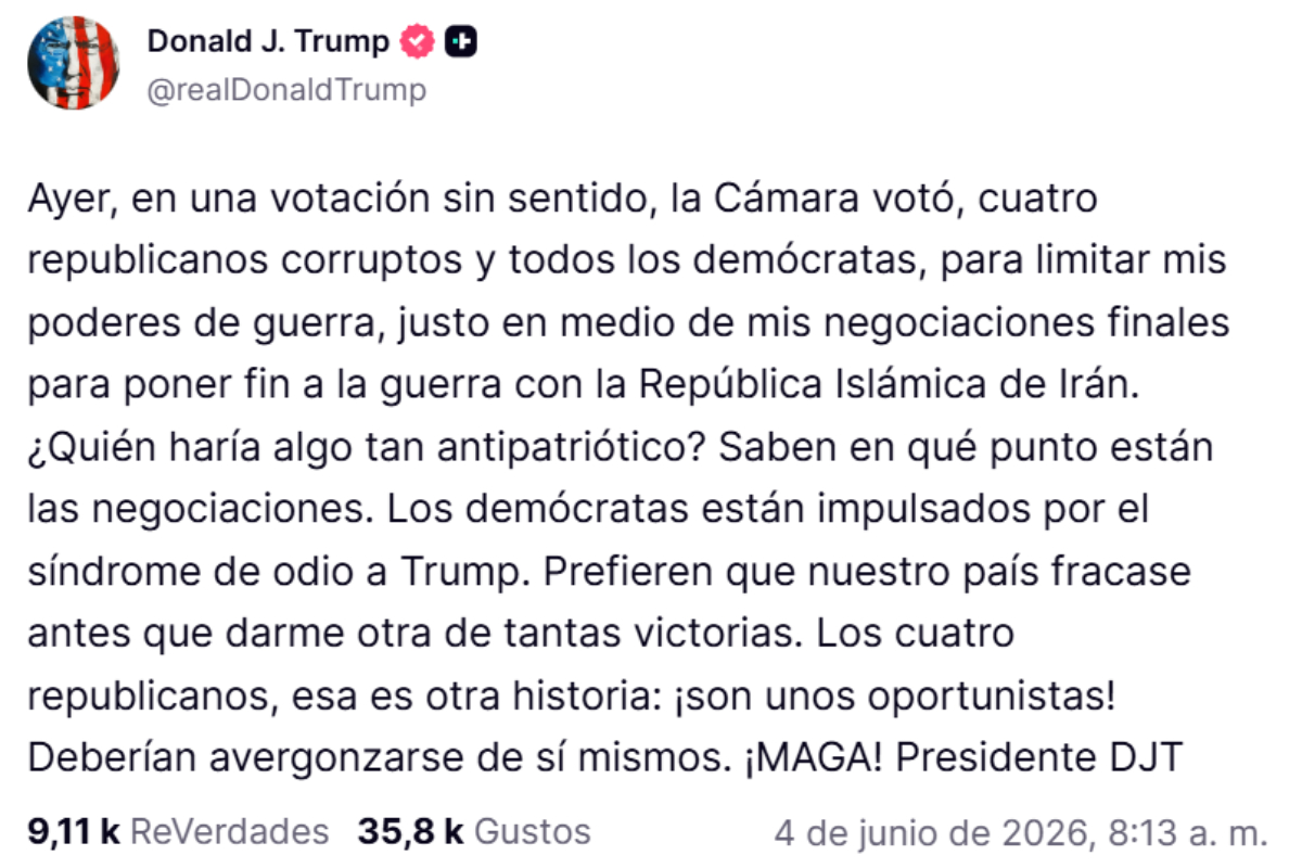 Fuente: Truth Social @realDonaldTrump