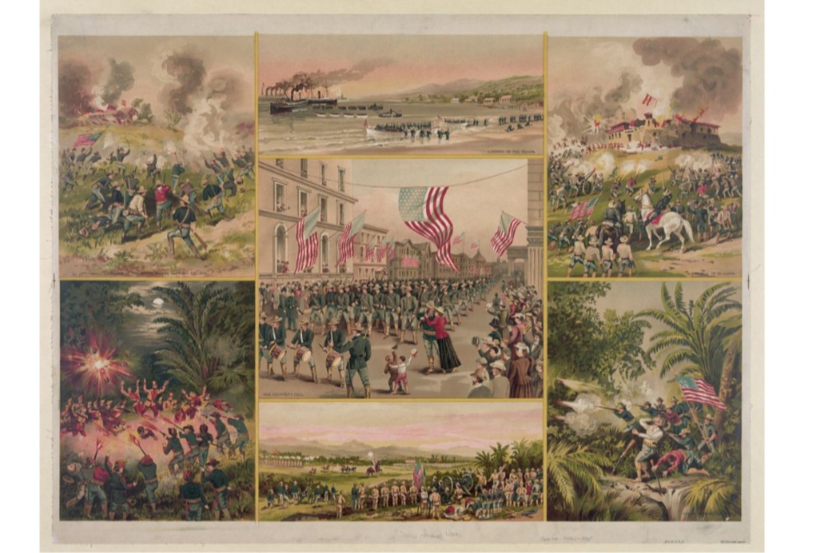 Cromolitografía de 1898 titulada Collage de batallas en la guerra contra España, la cual representa de forma patriótica las principales acciones de la Guerra Hispano-Estadounidense. Fuente: Librería del Congreso de EEUU