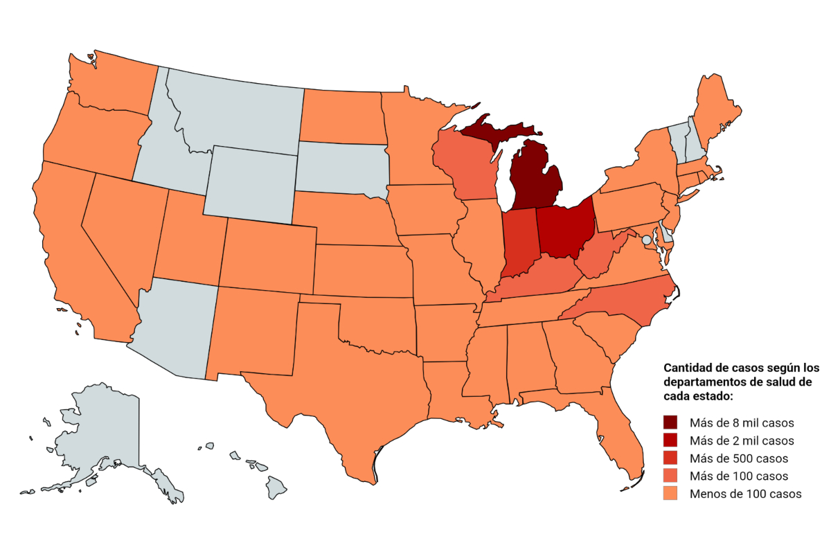 Michigan, Ohio, Indiana, Kentucky, Virginia Occidental, Illinois, Kansas, Oklahoma y Pensilvania son los 9 estados que concentran los casos vinculados a Taco Bell, mientras que el resto son casos independientes o de origen en investigación. Diesño: NotiPress con MapChart.