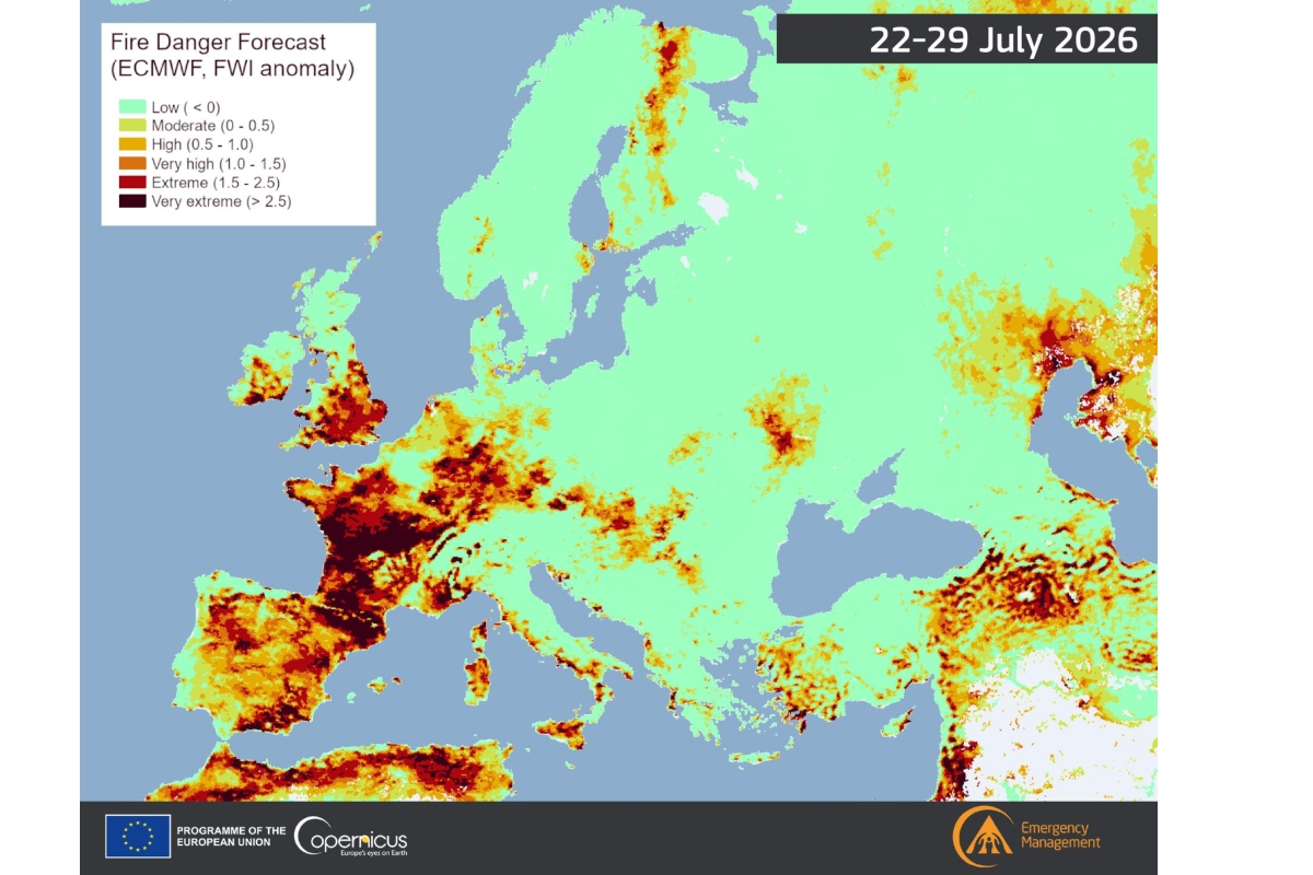 El mapa muestra el peligro meteorológico de incendios en Europa para la semana del 22 al 29 de julio de 2026. Fuente: EU Civil Protection & Humanitarian Aid